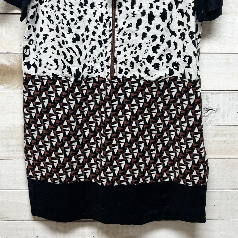 Linen Dress Womens Medium Black Brown Animal Print Boho Sheath Artsy - Picture 3 of 11